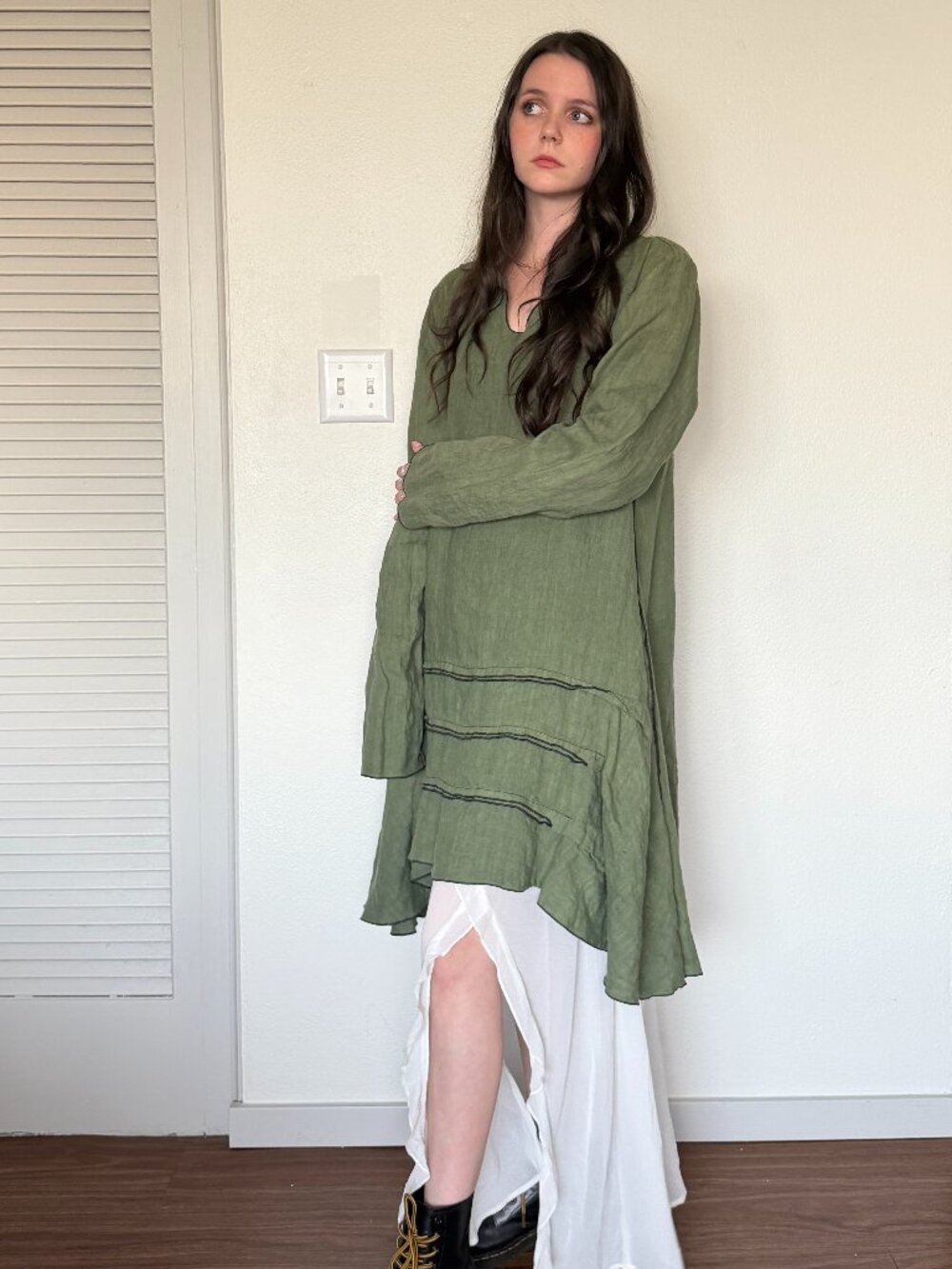 Y2K Linen Dress (S) green vintage midi small Cynthia Ashby long sleeve flowy